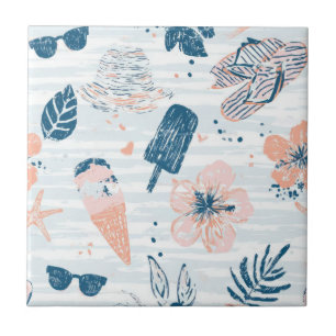 Summer Beach Tropical Blue Coral Striped  Tile