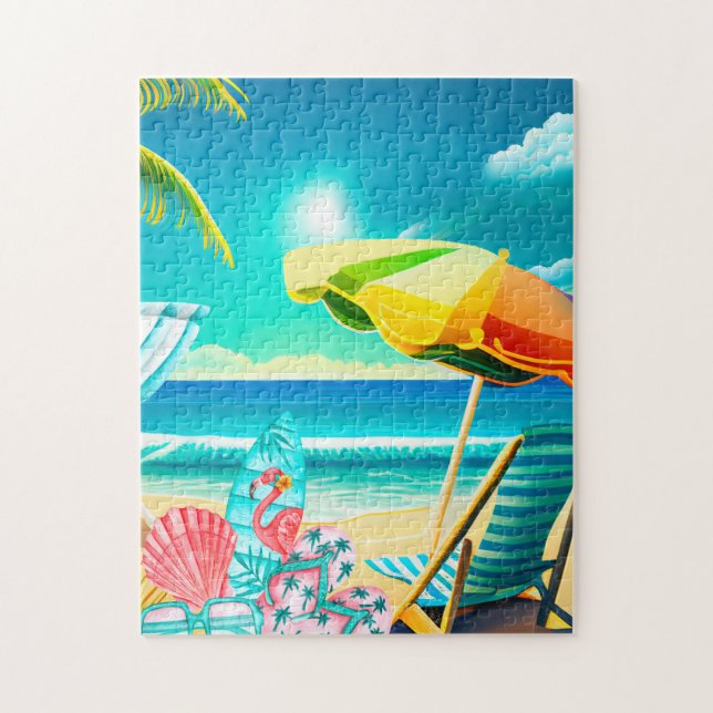 Summer beach umbrellas, surfboard, and tree jigsaw puzzle (Vertical)