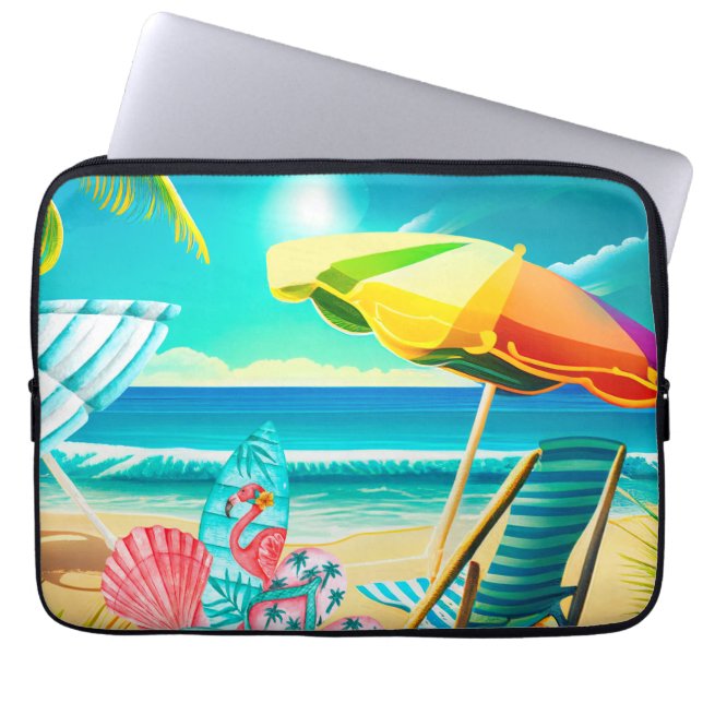 Summer beach umbrellas, surfboard, and tree laptop sleeve (Front)