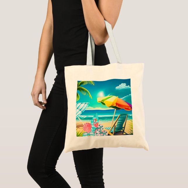 Summer beach umbrellas, surfboard, and tree tote bag (Front (Product))