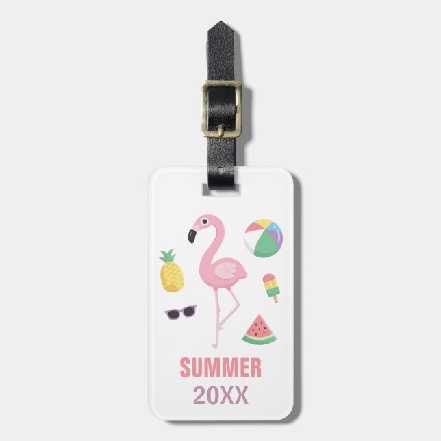 Summer Beach Vacation Pink Flamingo Luggage Tag (Front Vertical)