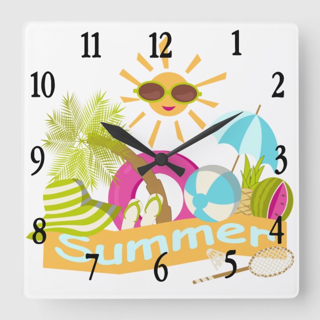 Summer beach vacation smiling sun in sunglasses  square wall clock (Front)
