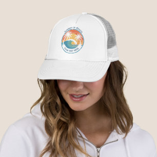 Summer Beach Vacation with Sun and Blue Ocean Wave Trucker Hat