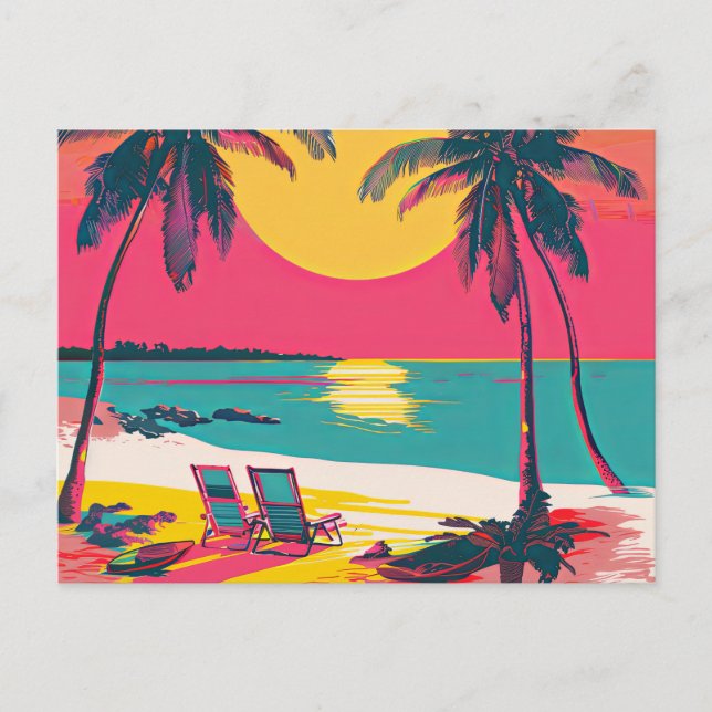 Summer Beach Vibe Retro Surfer Palm Trees Sunset Postcard (Front)