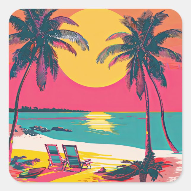 Summer Beach Vibe Retro Surfer Palm Trees Sunset Square Sticker (Front)