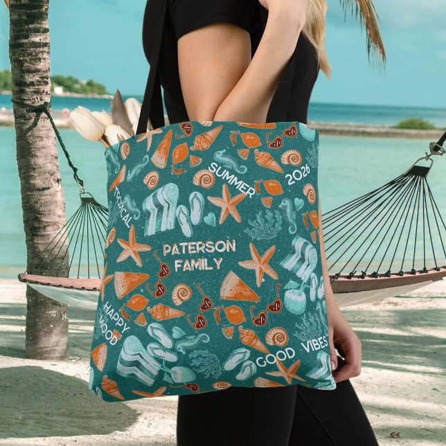 Summer Beach Vibes Family Trip Retro Teal Custom Tote Bag (Creator Uploaded)