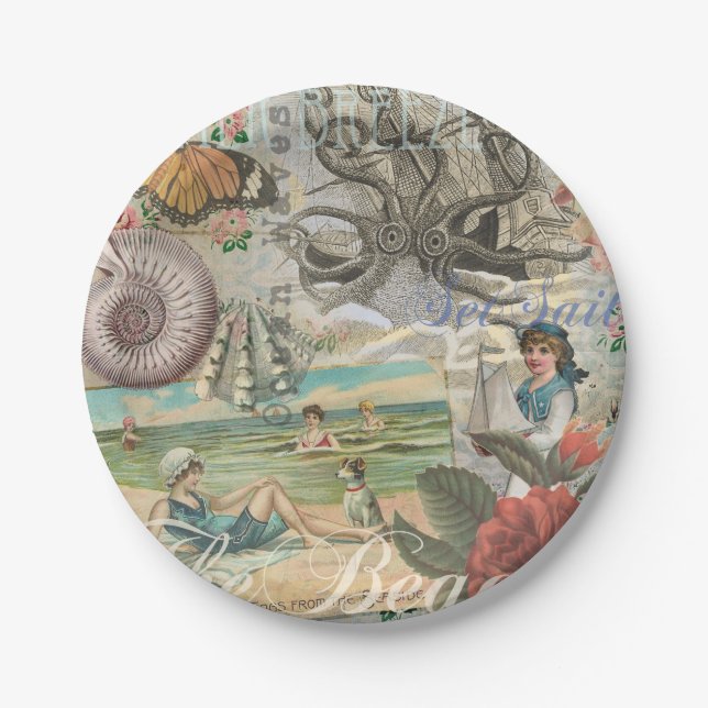summer beach vintage octopus antique sailing paper plate (Front)