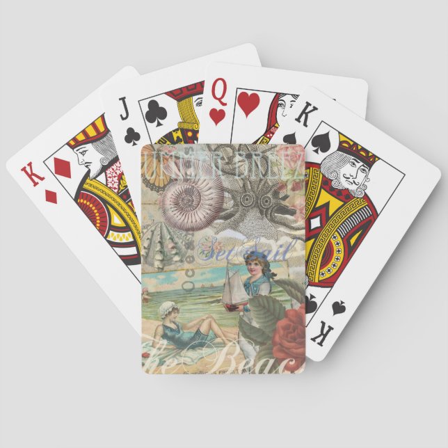 summer beach vintage octopus antique sailing playing cards (Back)