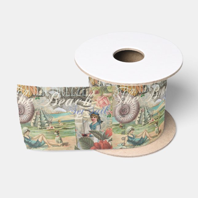 summer beach vintage octopus antique sailing satin ribbon (Spool)
