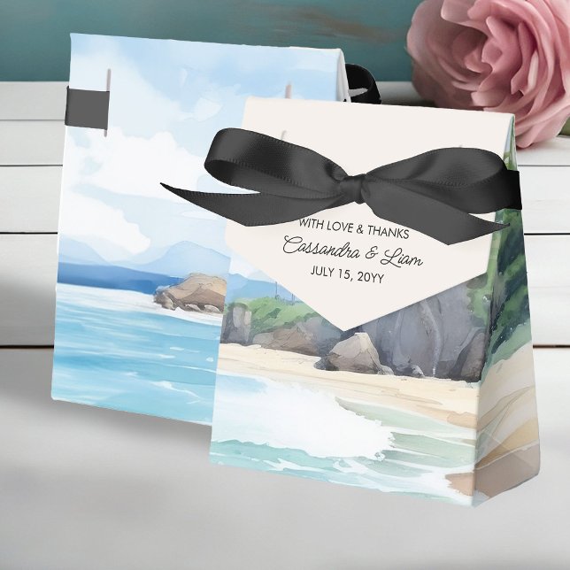 Summer Beach Watercolor Landscape Wedding Favor Box (Wedding favor boxes from the Summer Beach Wedding Collection by Darling & May)