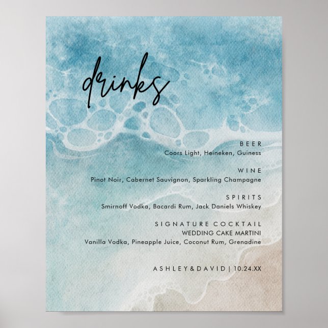 Summer Beach Wedding Large Drinks Bar Menu Poster (Front)