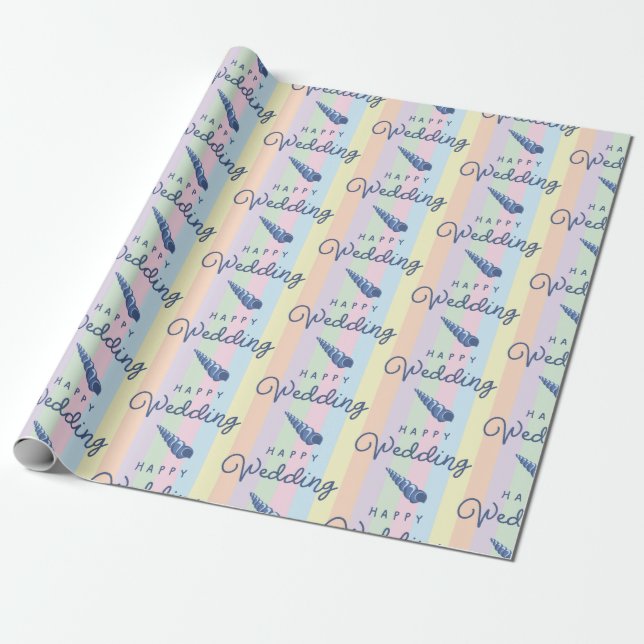 Summer Beach Wedding Ocean Seashell Rainbow Stripe Wrapping Paper (Unrolled)