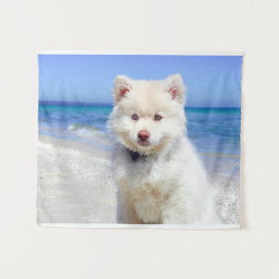 Summer Beach White Spitz Samoyed Pet Dog Canine Tapestry