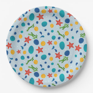 Summer beach with starfish, shells and pebbles paper plate