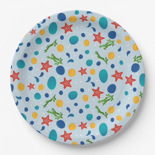 Summer beach with starfish, shells and pebbles paper plate (Front)