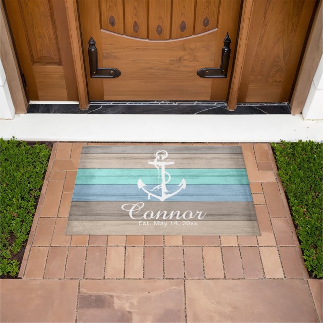 Summer Beach Wood Nautical Stripes Doormat (Outdoor)