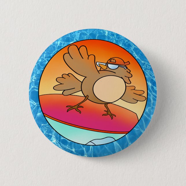 Summer Bird Surfer 2 Inch Round Button (Front)