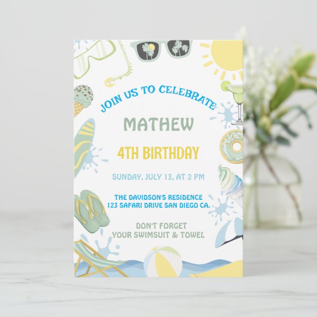 summer birthday pool or beach party invitation (Standing Front)