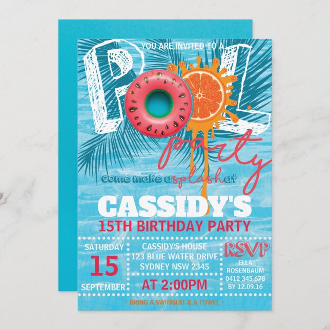 Summer Birthday Pool Party Invitation (Front/Back)