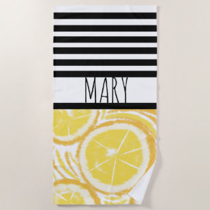 Summer Black Stripes Lemon Abstract Beach Towel