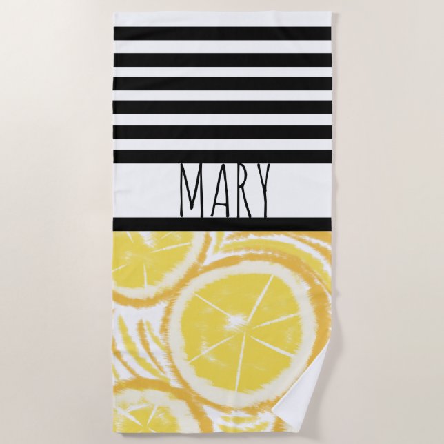 Summer Black Stripes Lemon Abstract Beach Towel (Front)