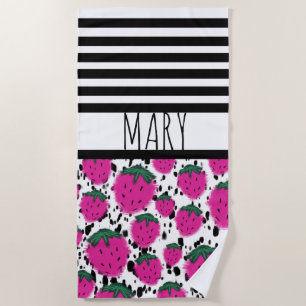 Summer Black Stripes Strawberries Abstract Beach Towel