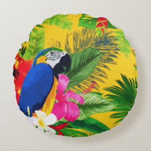 Summer Bloom Tropical Toucan Leaves Watercolor Round Pillow