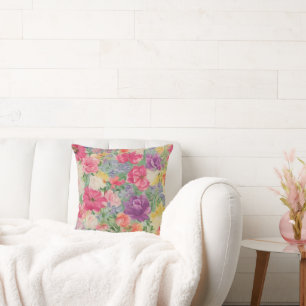 Summer Blooms Watercolor Flower Collage Throw Pillow