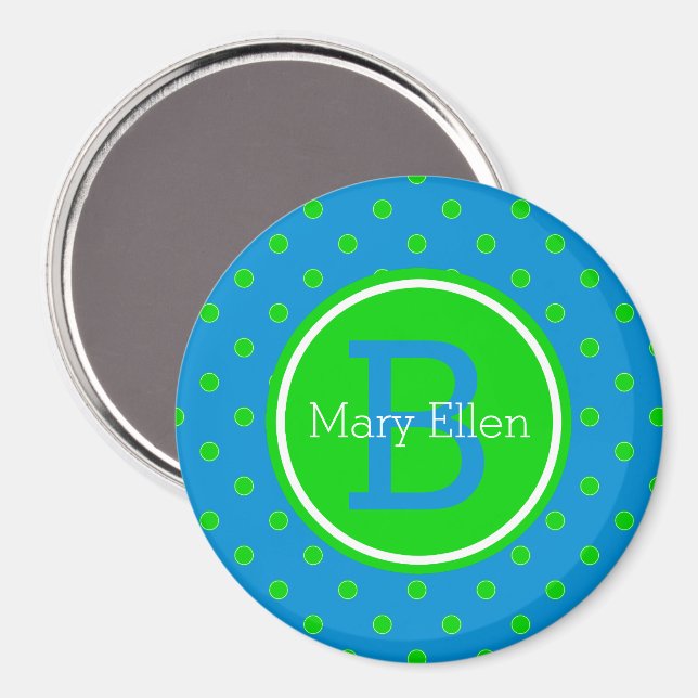 Summer Blue and Green Polka Dot Monogram Magnet (Front/Back)