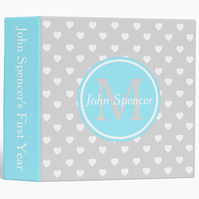 Summer Blue and Light Grey Hearts Monogram Binder (Front/Spine)
