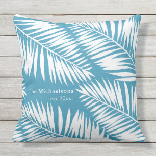 Summer Blue and White Palms with Name and Year Outdoor Pillow