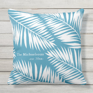 Summer Blue and White Palms with Name and Year Outdoor Pillow