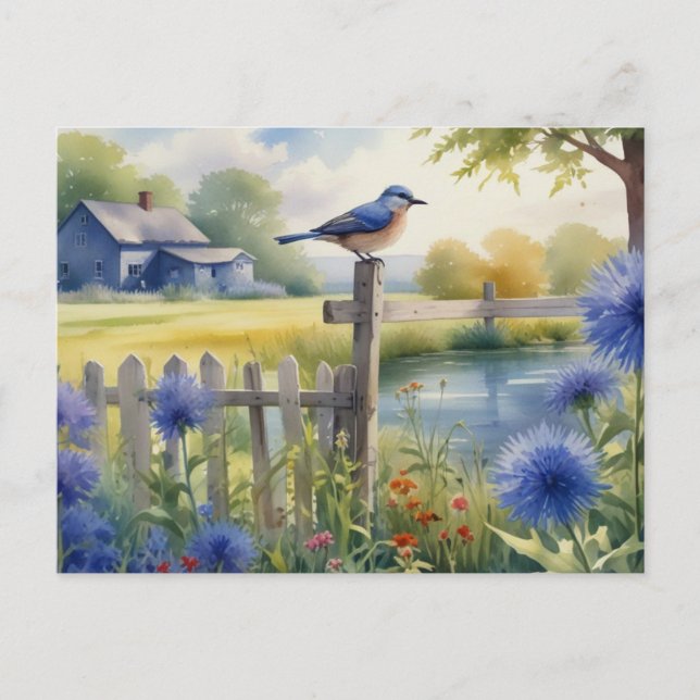 Summer Blue Bird Nature House Postcard Watercolor (Front)