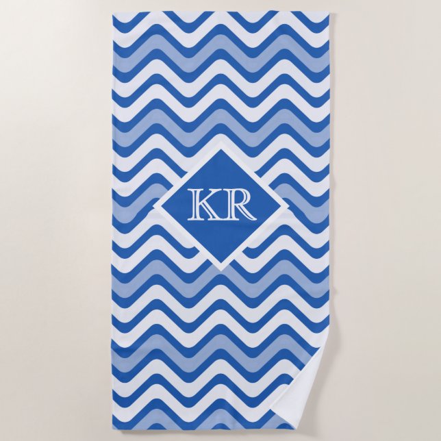 Summer Blue Chevron Zig Zag Stripe Monogram Beach Towel (Front)