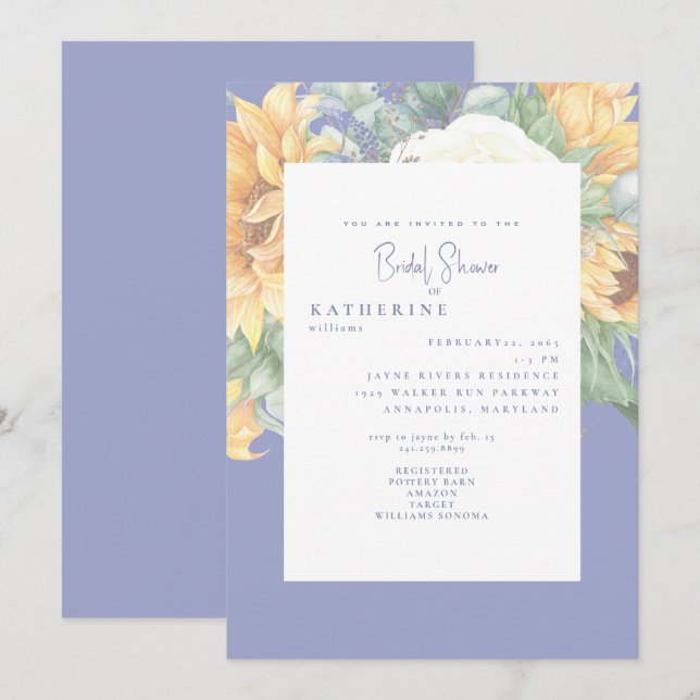 Summer Blue Elegant Sunflower Tuscan Bridal Shower Invitation (Front/Back)