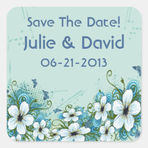 Summer Blue Floral & Butterflies Save The Date Square Sticker