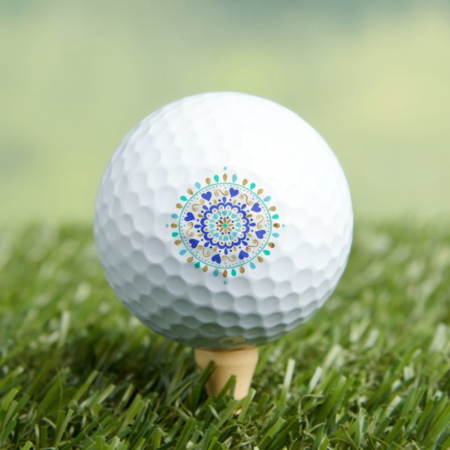Summer Blue Gold Heart Mandala Golf Balls (Insitu Tee)