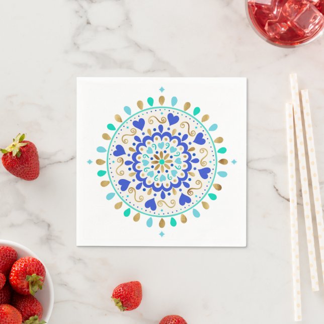 Summer Blue Gold Heart Mandala Napkin (Insitu)