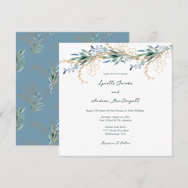 Summer Blue Green Watercolor Floral Wedding Invitation (Front/Back)