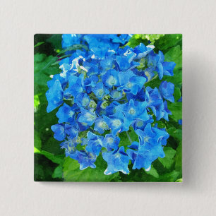 summer blue hydrangea flowers and its green leaves 2 inch square button