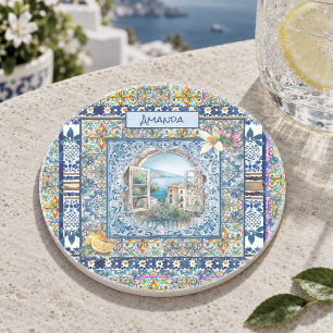 Summer Blue Italian Floral Citrus Monogram Coaster