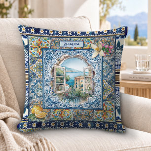 Summer Blue Italian Majolica Citrus Monogram Throw Pillow