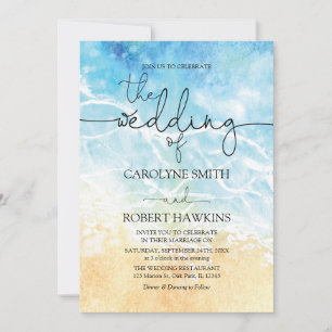Summer Blue Ocean Beach Watercolor Wedding Invitation