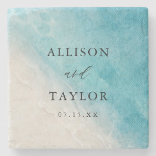 Summer Blue Ocean Beach Wedding Invitations Stone Coaster