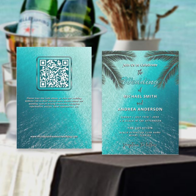 Summer Blue Ocean Palm Trees Beach Wedding QR Code Invitation (Creator Uploaded)