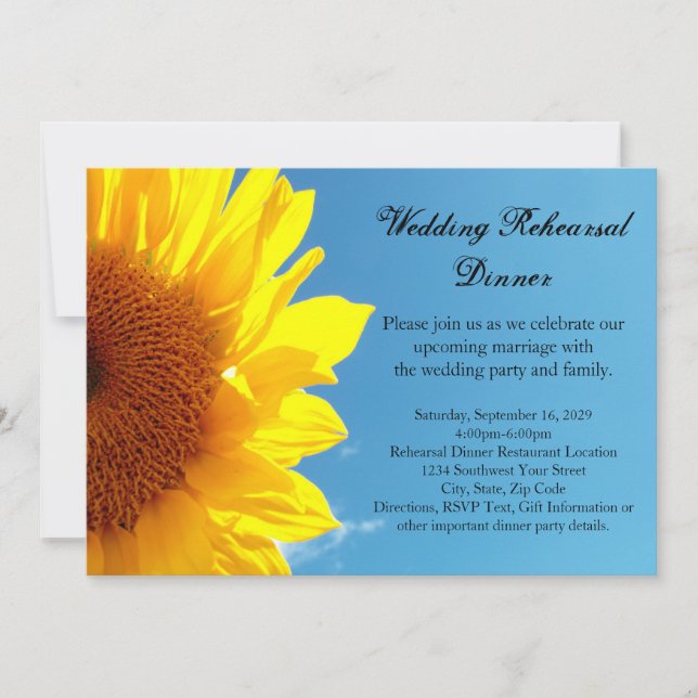 Summer Blue Sky, Yellow Sunflower Rehearsal Dinner Invitation (Front)