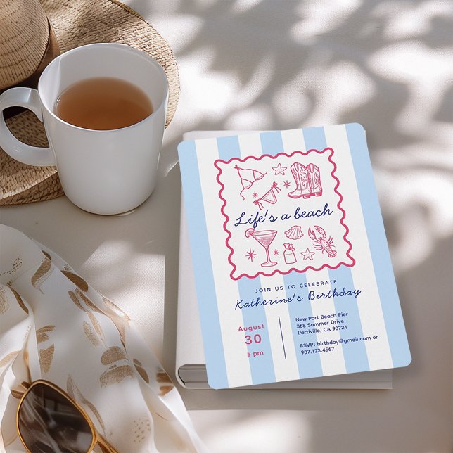 Summer Blue Stripes Beach Life Birthday Party  Invitation (Creator Uploaded)