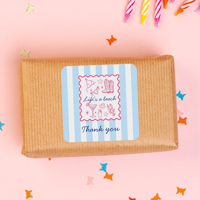 Summer Blue Stripes Life's a Beach Thank You  Square Sticker (Creator Uploaded)