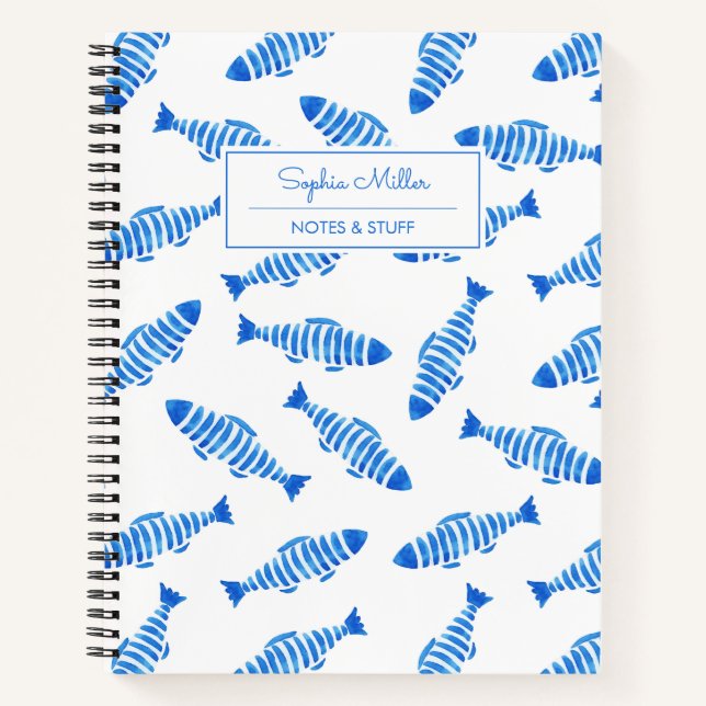 Summer Blue Watercolor Fish Personalized Name Notebook (Front)