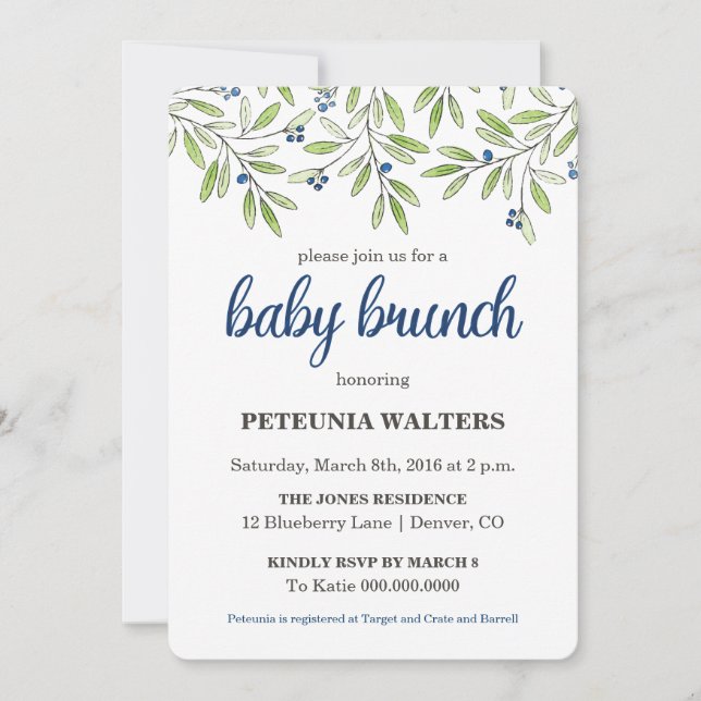 Summer Blueberry Foliage Baby Brunch Invitation (Devant)